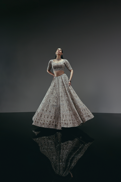 The RÁMYA Champagne Gold Lehenga