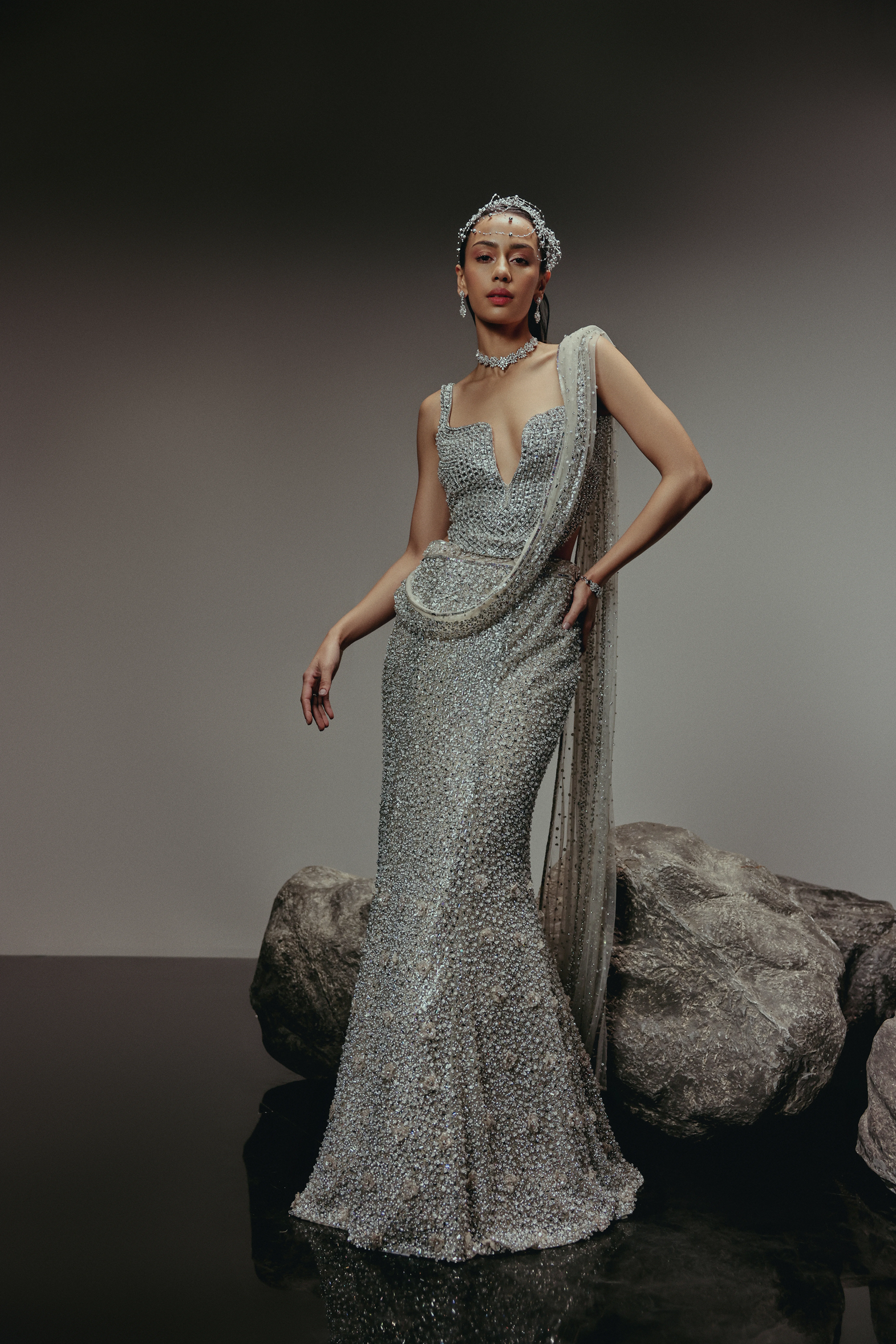 The RÉON Silver Draped Fishcut Skirt with Corset