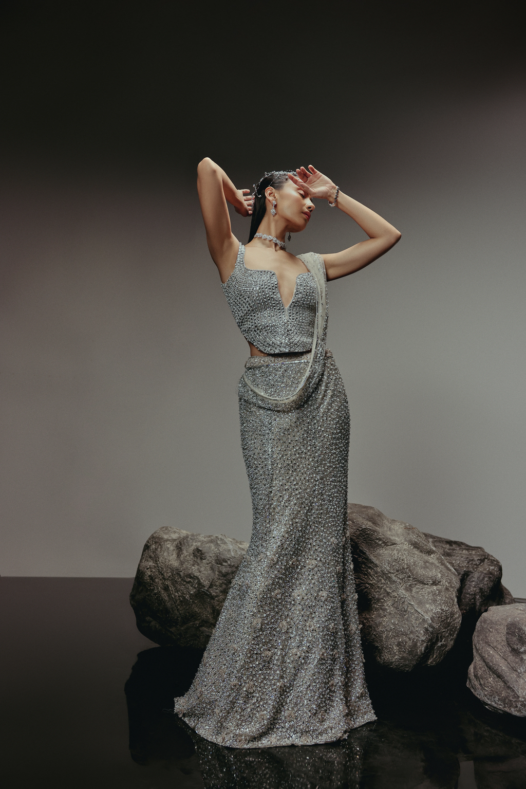 The RÉON Silver Draped Fishcut Skirt with Corset