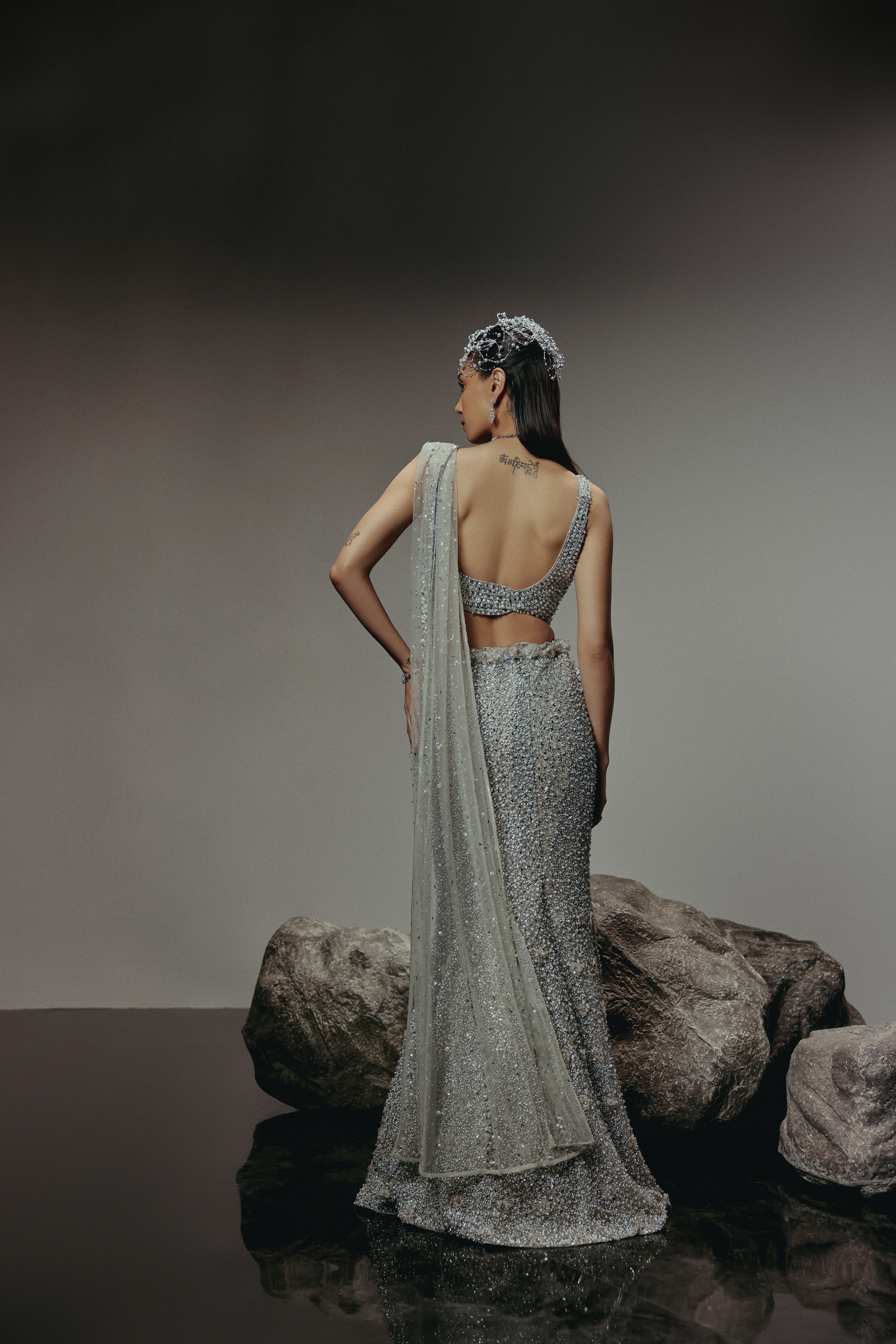 The RÉON Silver Draped Fishcut Skirt with Corset
