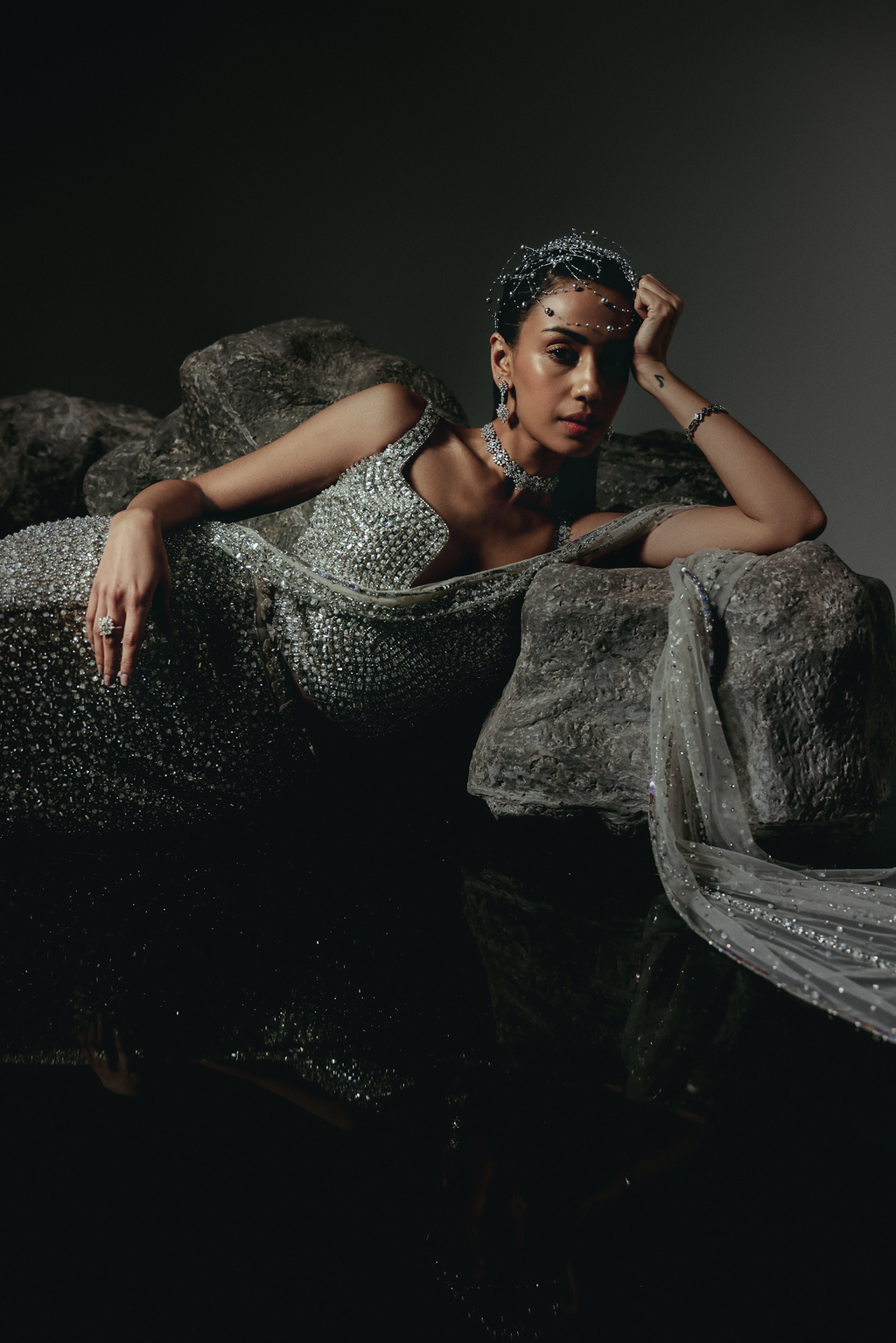 The RÉON Silver Draped Fishcut Skirt with Corset