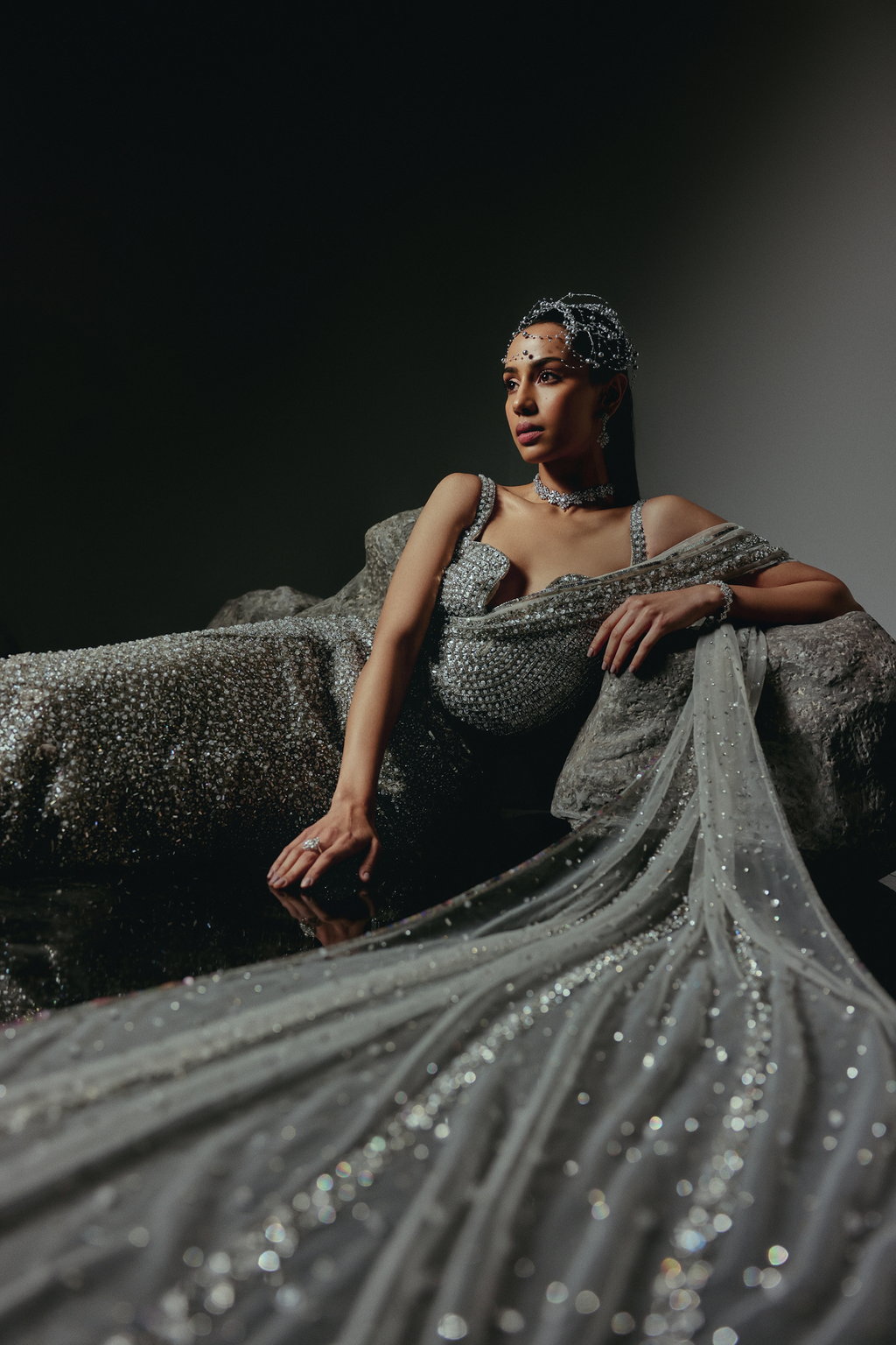 The RÉON Silver Draped Fishcut Skirt with Corset