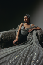 The RÉON Silver Draped Fishcut Skirt with Corset