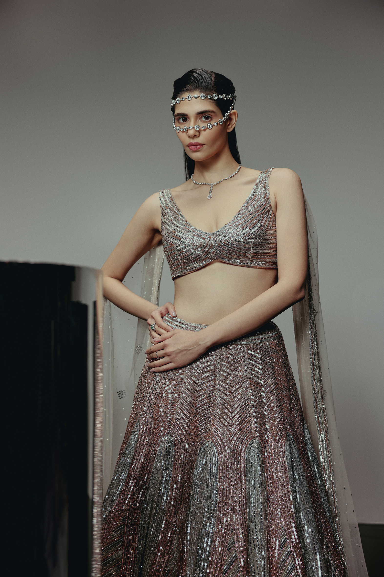The RÚMA Metallic Silver Lehenga