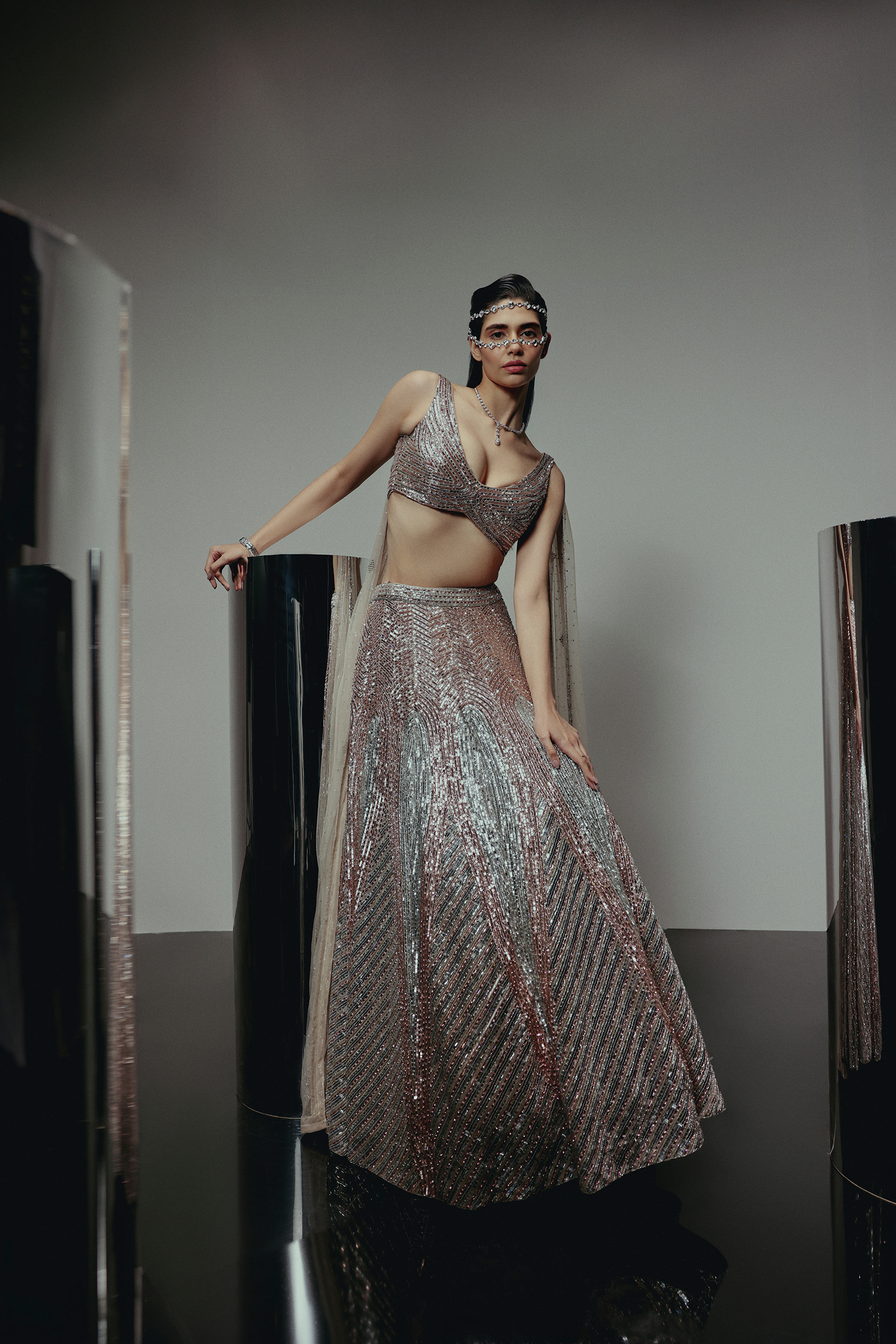 The RÚMA Metallic Silver Lehenga